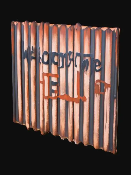 3D model for rustic metal fence, with spray paint saying welcome to hell, post apocalyptic style
