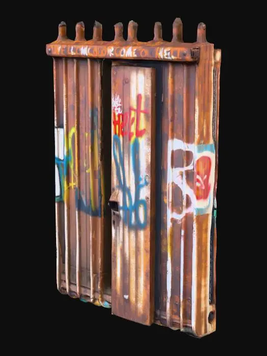 3D model for rustic metal fence, with spray paint saying welcome to hell, post apocalyptic style