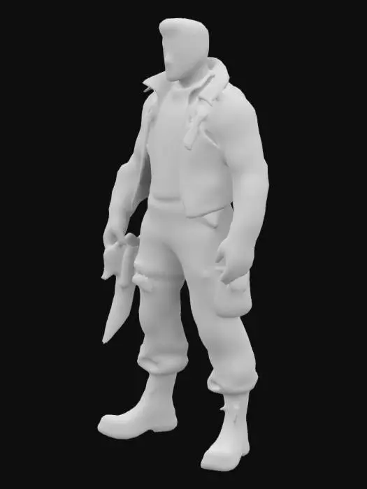 3D model for A rugged, athletic male adventurer in his 30s with short dark brown hair, a trimmed beard, and piercing green eyes. Dressed in a tactical leather jacket, cargo pants, and sturdy boots, he carries a sheathed knife and holstered pistol. Scars hint at a dangerous past, with a jungle and ancient ruins in the background.