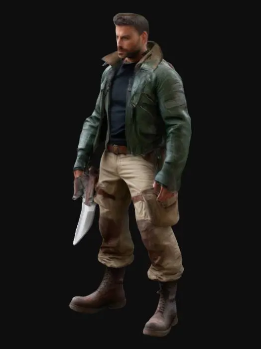 3D model for A rugged, athletic male adventurer in his 30s with short dark brown hair, a trimmed beard, and piercing green eyes. Dressed in a tactical leather jacket, cargo pants, and sturdy boots, he carries a sheathed knife and holstered pistol. Scars hint at a dangerous past, with a jungle and ancient ruins in the background.