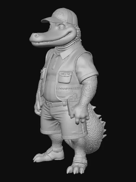 3D model for a muscular florida gator dressed like a guard with yellow safety vest, a black baseball cap, and the words "Community Watch" on its back. It should have a radio on its hip and khaki shorts with blue polo shirt.