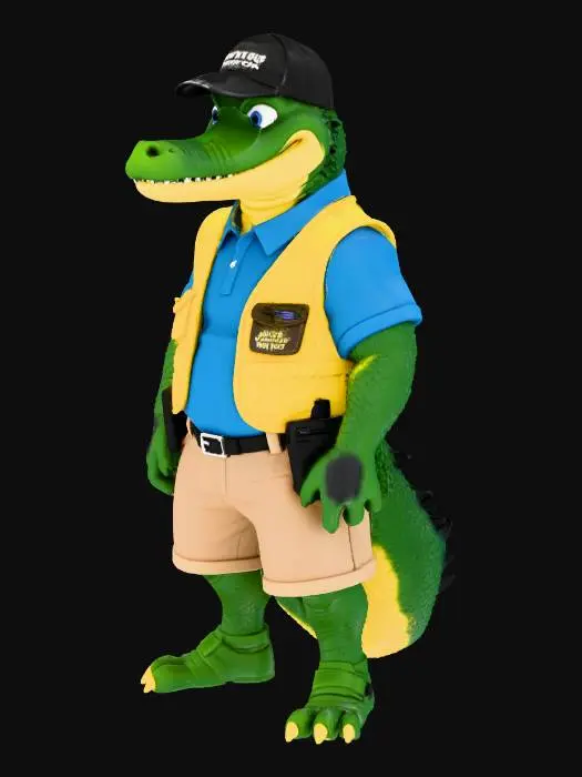 3D model for a muscular florida gator dressed like a guard with yellow safety vest, a black baseball cap, and the words "Community Watch" on its back. It should have a radio on its hip and khaki shorts with blue polo shirt.