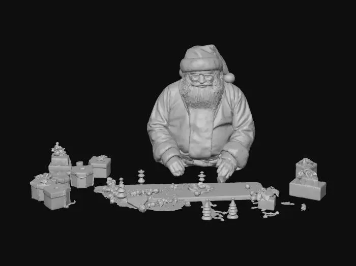 3D model for Generate a detailed 3D interior of Santa’s workshop with wooden tables, toy-making tools, half-finished toys, conveyor belts, glowing lanterns, and stacked gift boxes. Warm cozy lighting, PBR textures, mid-poly, suitable for animation., #Christmas2025#