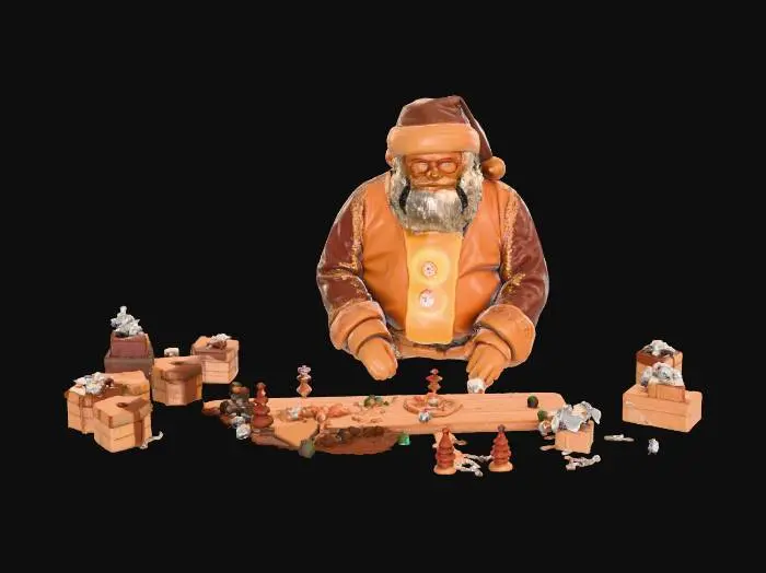 3D model for Generate a detailed 3D interior of Santa’s workshop with wooden tables, toy-making tools, half-finished toys, conveyor belts, glowing lanterns, and stacked gift boxes. Warm cozy lighting, PBR textures, mid-poly, suitable for animation., #Christmas2025#