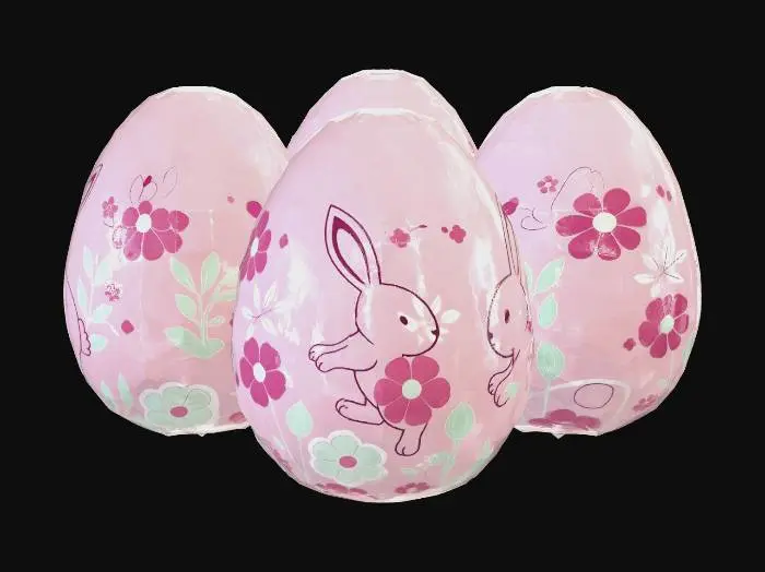 3D model for A cute Easter egg with bunny and floral patterns, soft rounded shapes, cartoon-style engraving, clean topology, thick walls for 3D printing, minimal overhangs, simple yet beautiful design