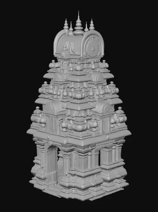 3D model for “Create a stylized South Indian temple gopuram entrance in 3D. Bright carved sculptures, stone textures, festival cloths, decorative lamps. Optimized for a game level background.