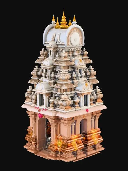 3D model for “Create a stylized South Indian temple gopuram entrance in 3D. Bright carved sculptures, stone textures, festival cloths, decorative lamps. Optimized for a game level background.