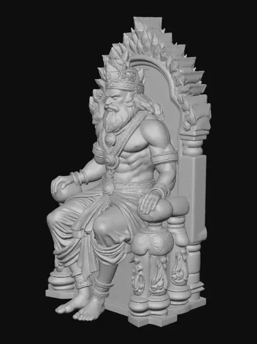 3D model for A detailed historical photograph of an ancient Tamil king, possibly from the Chola or Pandya dynasty, seated regally on an elaborately carved stone throne with lion motifs. He wears a golden crown adorned with jewels, heavy necklaces, armbands, and a richly woven silk dhoti with a drape across his chest. His expression is stern and authoritative.  The sunlight is warm and golden.