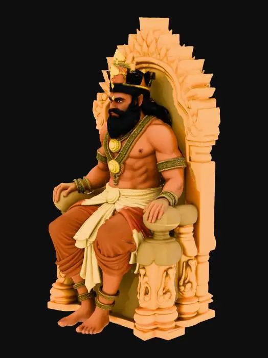 3D model for A detailed historical photograph of an ancient Tamil king, possibly from the Chola or Pandya dynasty, seated regally on an elaborately carved stone throne with lion motifs. He wears a golden crown adorned with jewels, heavy necklaces, armbands, and a richly woven silk dhoti with a drape across his chest. His expression is stern and authoritative.  The sunlight is warm and golden.