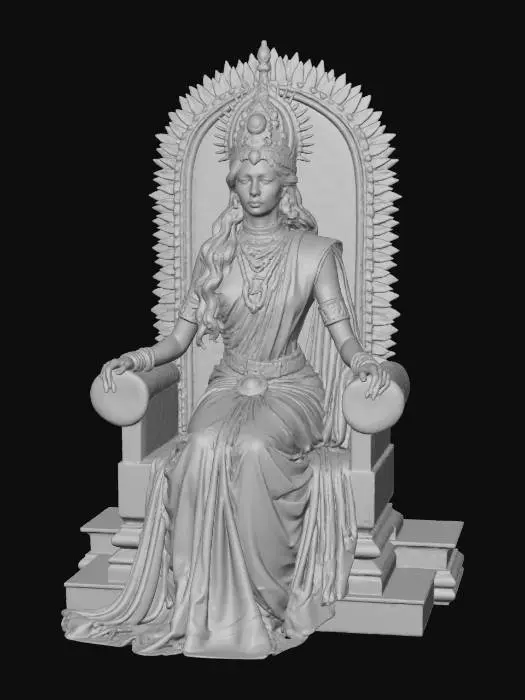 3D model for A detailed historical photograph of an ancient Tamil queen from the Chola or Pandya dynasty, seated elegantly on an elaborately carved stone throne with lion motifs. She wears a tall, conical golden crown (Kiritam) encrusted with rubies and emeralds, along with heavy gold jewelry including layered necklaces (haram), armlets (vanki), and large ear ornaments (thodu). She is draped in a rich, vibrant silk sari with intricate gold borders. Her expression is regal, calm, and commanding. The setting is a sunlit palace courtyard with carved granite pillars and ancient frescoes in the background. Soft, warm sunlight illuminates her figure.
