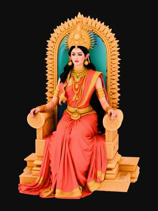3D model for A detailed historical photograph of an ancient Tamil queen from the Chola or Pandya dynasty, seated elegantly on an elaborately carved stone throne with lion motifs. She wears a tall, conical golden crown (Kiritam) encrusted with rubies and emeralds, along with heavy gold jewelry including layered necklaces (haram), armlets (vanki), and large ear ornaments (thodu). She is draped in a rich, vibrant silk sari with intricate gold borders. Her expression is regal, calm, and commanding. The setting is a sunlit palace courtyard with carved granite pillars and ancient frescoes in the background. Soft, warm sunlight illuminates her figure.