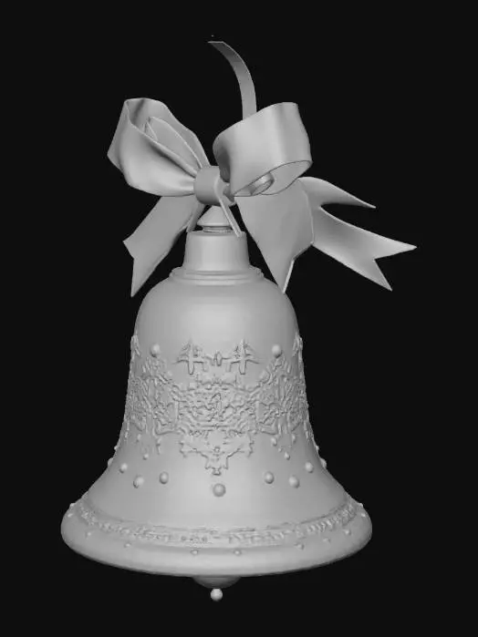 3D model for Generate a shiny golden Christmas bell with a red ribbon, smooth metal reflections, engraved snowflakes, and a clean symmetrical shape. High-poly mesh, realistic PBR gold shader.#Christmas2025#