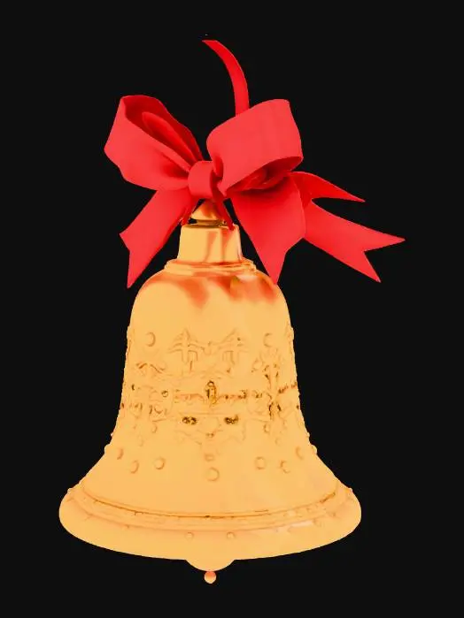 3D model for Generate a shiny golden Christmas bell with a red ribbon, smooth metal reflections, engraved snowflakes, and a clean symmetrical shape. High-poly mesh, realistic PBR gold shader.#Christmas2025#