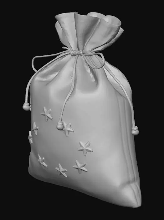 3D model for Generate a 3D model of Santa’s gift sack made of red velvet fabric with golden rope ties, filled shape silhouette, and embroidered star patterns. Soft cloth-like PBR materials, gentle shadows. #Christmas2025#
