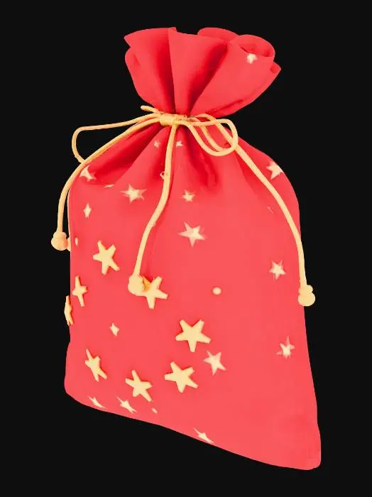 3D model for Generate a 3D model of Santa’s gift sack made of red velvet fabric with golden rope ties, filled shape silhouette, and embroidered star patterns. Soft cloth-like PBR materials, gentle shadows. #Christmas2025#