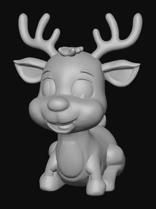 3D model for Create a 3D stylized reindeer with a glowing red nose, soft brown fur, small antlers, and a friendly expression. Smooth rig-friendly topology, fur-like procedural texture, warm Christmas lighting. #Christmas2025#