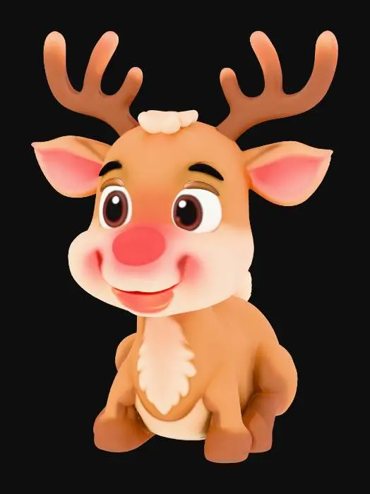 3D model for Create a 3D stylized reindeer with a glowing red nose, soft brown fur, small antlers, and a friendly expression. Smooth rig-friendly topology, fur-like procedural texture, warm Christmas lighting. #Christmas2025#
