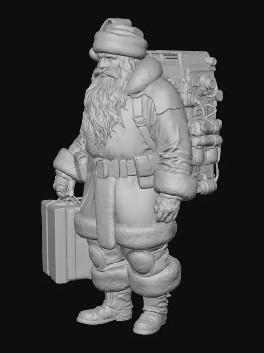 3D model for Create a highly detailed futuristic Santa Claus in a sci-fi cyberpunk style. Santa wears advanced robotic armor blended with traditional red-and-white colors, glowing neon blue accents, holographic patterns, and high-tech gadgets. His beard is stylized with LED fibers, and his sleigh is replaced with an anti-gravity hovercraft powered by glowing engines. Santa carries a tech-infused gift bag with hologram presents and drones assisting him. Background should be a futuristic snowy city with neon lights and floating decorations. Ultra-detailed, cinematic, high-resolution, dramatic lighting, realistic materials., #Christmas2025#