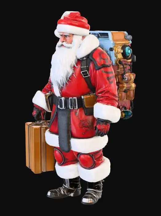 3D model for Create a highly detailed futuristic Santa Claus in a sci-fi cyberpunk style. Santa wears advanced robotic armor blended with traditional red-and-white colors, glowing neon blue accents, holographic patterns, and high-tech gadgets. His beard is stylized with LED fibers, and his sleigh is replaced with an anti-gravity hovercraft powered by glowing engines. Santa carries a tech-infused gift bag with hologram presents and drones assisting him. Background should be a futuristic snowy city with neon lights and floating decorations. Ultra-detailed, cinematic, high-resolution, dramatic lighting, realistic materials., #Christmas2025#