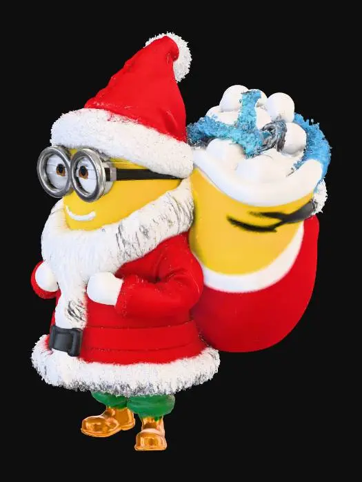 3D model for A photograph of a cheerful Minion wearing a fluffy red Santa Claus suit with a white beard, struggling to carry a large sack of toys on its back in a snowy North Pole workshop filled with other Minions in elf hats. The style is a warm, animated movie still., #Christmas2025#