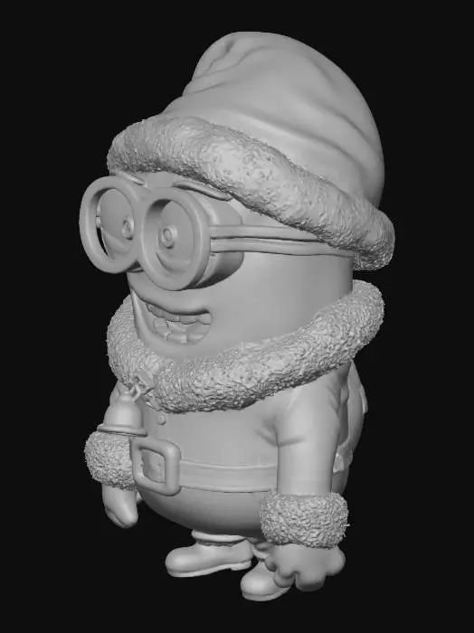 3D model for A cute Minion character dressed as Santa Claus, wearing a classic red Santa suit with white fur trim, a red Santa hat slightly tilted, and round silver goggles. The Minion has a joyful expression, rosy cheeks, and a big smile. Small yellow hands holding a sack of colorful Christmas gifts. Short and chubby body proportions typical of a Minion. Festive details like a candy cane, jingle bells, and soft snowflakes around. Pixar-style 3D render, high detail, soft lighting, vibrant colors, clean background, holiday theme, cheerful mood., #Christmas2025#