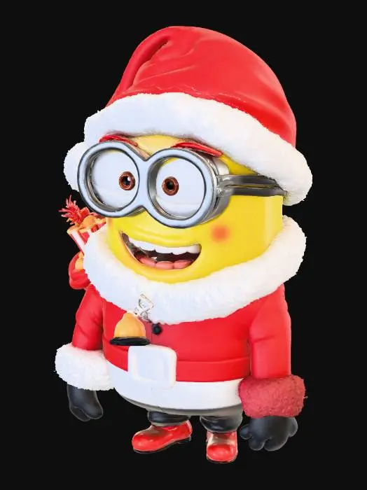3D model for A cute Minion character dressed as Santa Claus, wearing a classic red Santa suit with white fur trim, a red Santa hat slightly tilted, and round silver goggles. The Minion has a joyful expression, rosy cheeks, and a big smile. Small yellow hands holding a sack of colorful Christmas gifts. Short and chubby body proportions typical of a Minion. Festive details like a candy cane, jingle bells, and soft snowflakes around. Pixar-style 3D render, high detail, soft lighting, vibrant colors, clean background, holiday theme, cheerful mood., #Christmas2025#