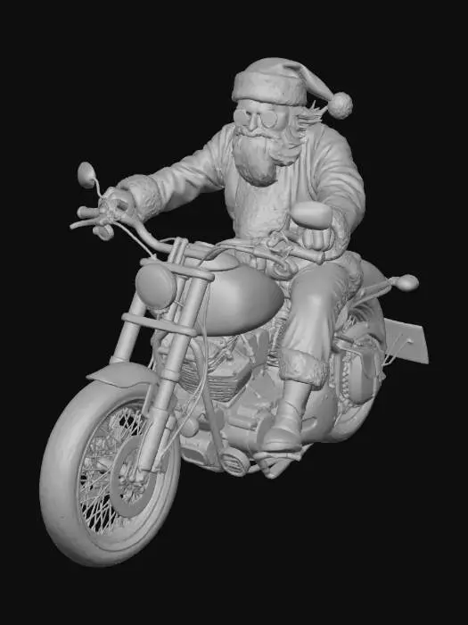 3D model for A highly realistic image of Santa Claus riding a powerful motorcycle.
Santa looks cool and confident, wearing black sunglasses with a relaxed smile.
Classic red Santa suit with white fur trim, slightly wind-blown.
Riding a modern cruiser-style motorbike with chrome details.
Cinematic lighting with motion blur on the road, sharp focus on Santa.
Ultra-detailed, photorealistic textures, realistic shadows and reflections.
Dynamic action pose, low-angle shot for a heroic look.
Festive yet badass Christmas vibe, cool and fun atmosphere.
High resolution, sharp focus, professional photography style.
