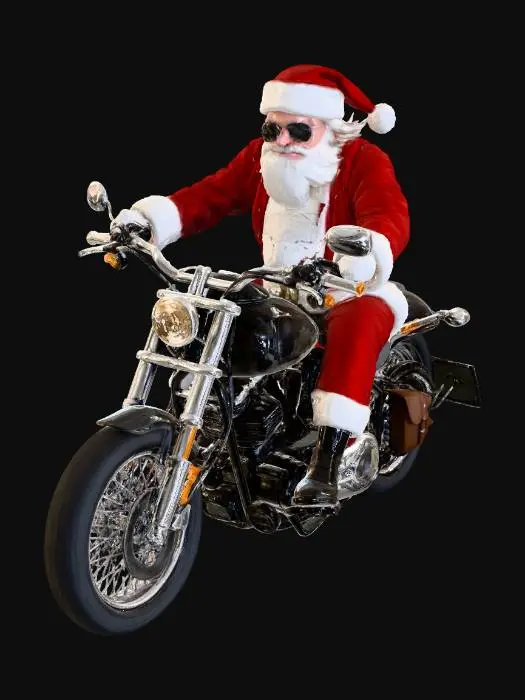 3D model for A highly realistic image of Santa Claus riding a powerful motorcycle.
Santa looks cool and confident, wearing black sunglasses with a relaxed smile.
Classic red Santa suit with white fur trim, slightly wind-blown.
Riding a modern cruiser-style motorbike with chrome details.
Cinematic lighting with motion blur on the road, sharp focus on Santa.
Ultra-detailed, photorealistic textures, realistic shadows and reflections.
Dynamic action pose, low-angle shot for a heroic look.
Festive yet badass Christmas vibe, cool and fun atmosphere.
High resolution, sharp focus, professional photography style.