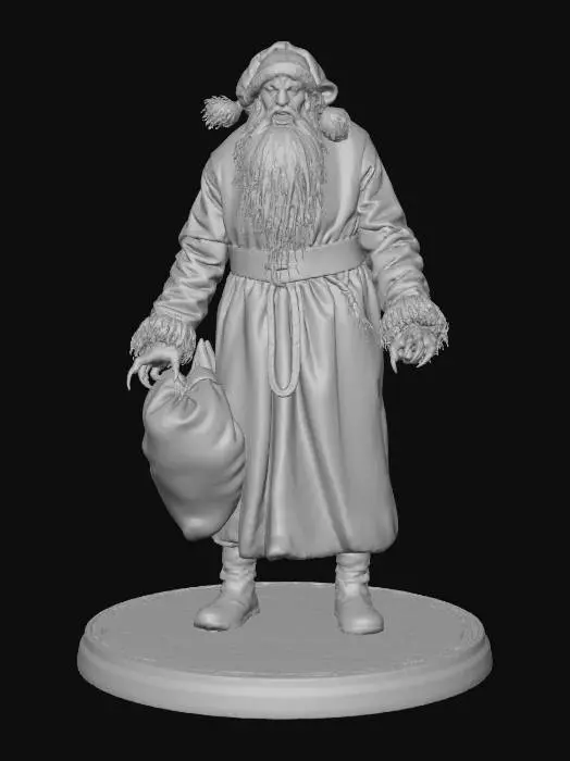 3D model for A terrifying version of Santa Claus standing in a dark snowy forest at night, twisted grin, glowing red eyes, cracked pale skin, long sharp claws instead of gloves, blood-stained red coat torn and aged, carrying a sack leaking eerie green light, fog swirling around, moonlight casting long shadows, ultra-realistic, cinematic horror lighting, dark fantasy, 8K, highly detailed, dramatic atmosphere