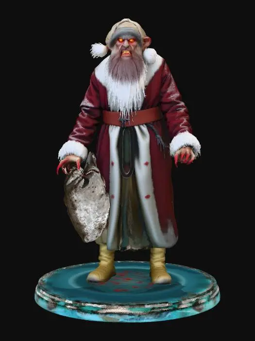 3D model for A terrifying version of Santa Claus standing in a dark snowy forest at night, twisted grin, glowing red eyes, cracked pale skin, long sharp claws instead of gloves, blood-stained red coat torn and aged, carrying a sack leaking eerie green light, fog swirling around, moonlight casting long shadows, ultra-realistic, cinematic horror lighting, dark fantasy, 8K, highly detailed, dramatic atmosphere