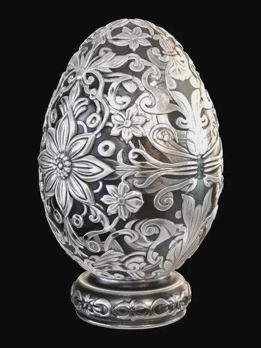 3D model for A beautifully designed Easter egg with intricate floral engravings, symmetrical patterns, smooth curved surface, embossed details, elegant ornamental style, high detail, clean geometry, 3D printable, solid base, no textures, soft rounded edges, aesthetically pleasing