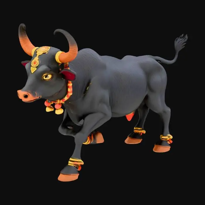 3D model for “Create a powerful stylized 3D Jallikattu bull with muscular proportions, decorated horns, forehead sandal paste, colored cloth ornaments around neck, small bells, polished black/brown coat. Expressive eyes, dynamic anatomy. Style: semi-realistic, PBR materials, smooth rig-friendly topology. Include idle, snort, charge, run, buck, slide-stop animations.”, #Thanksgiving#