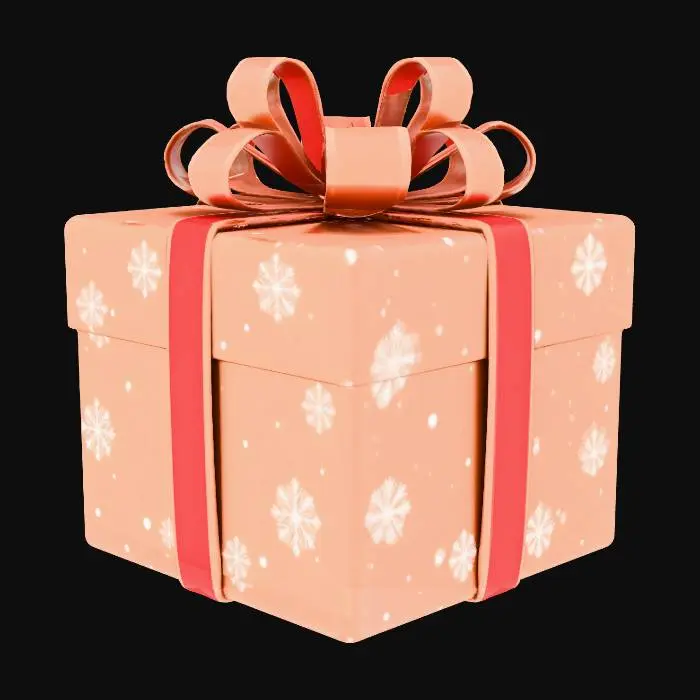 3D model for Create a single 3D Christmas gift box with metallic wrapping paper, ribbon bow, and snowflake pattern. Provide open and closed versions. Glossy PBR materials, soft festive lighting. #Christmas2025#