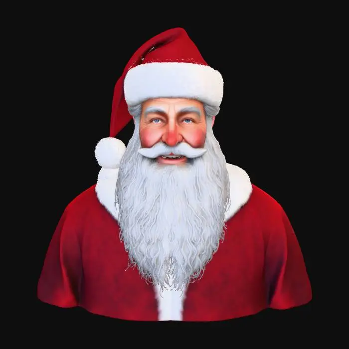 3D model for A highly realistic portrait of Santa Claus with a warm, happy smile.
Santa has a joyful expression, kind eyes, and a friendly face.
White flowing beard and mustache, natural skin texture with fine details.
Wearing a classic red Santa suit with white fur trim and a red hat.
Soft cinematic lighting, realistic shadows, and shallow depth of field.
Ultra-detailed, photorealistic style, high resolution, sharp focus.
Festive Christmas atmosphere, cozy and heartwarming mood.
Neutral or softly blurred background.
, #Christmas2025#