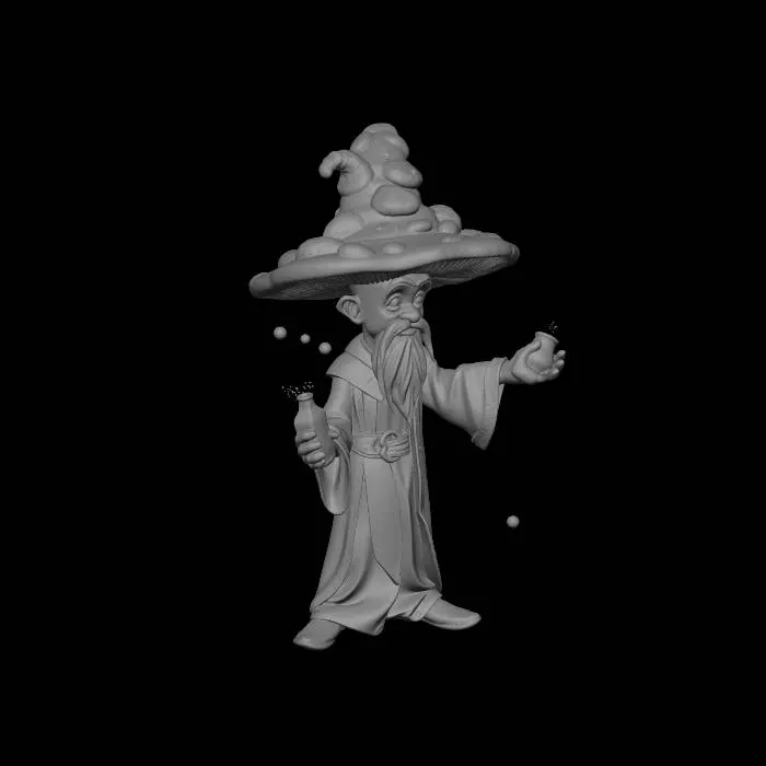 3D model for A magical mushroom wizard casting glowing spores like spells, oversized enchanted mushroom cap, floating potion bottles, mystical forest environment, fantasy particles, cinematic volumetric lighting, ultra detailed stylized character design
