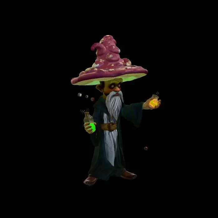 3D model for A magical mushroom wizard casting glowing spores like spells, oversized enchanted mushroom cap, floating potion bottles, mystical forest environment, fantasy particles, cinematic volumetric lighting, ultra detailed stylized character design