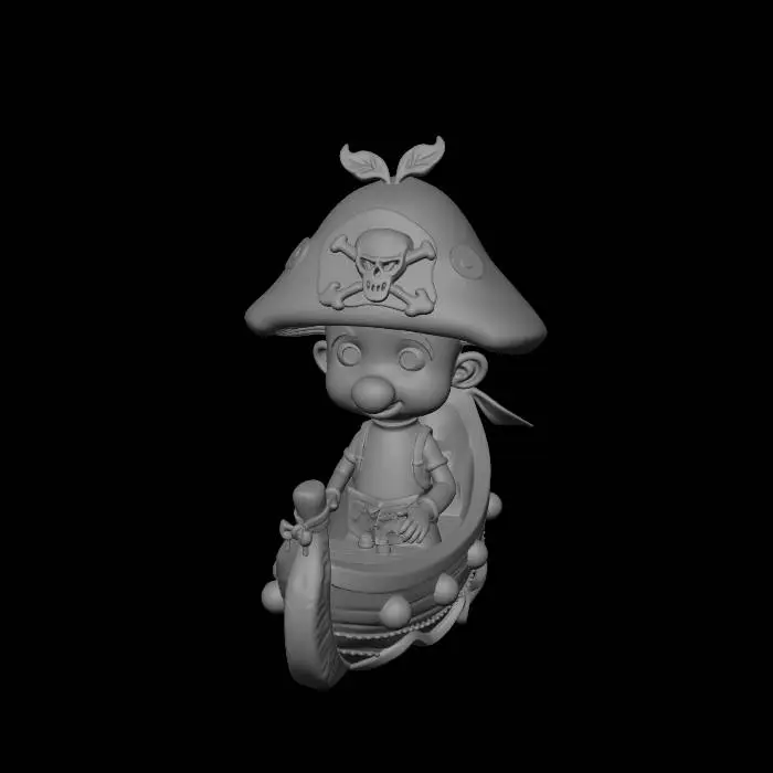 3D model for A mischievous mushroom pirate captain with a leaf pirate hat, tiny glowing treasure map, fantasy swamp harbor, wooden mushroom boat, cinematic lighting, highly detailed fantasy textures, stylized animated collectible