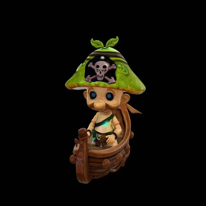 3D model for A mischievous mushroom pirate captain with a leaf pirate hat, tiny glowing treasure map, fantasy swamp harbor, wooden mushroom boat, cinematic lighting, highly detailed fantasy textures, stylized animated collectible