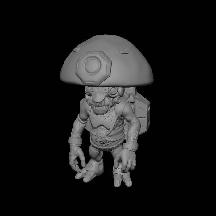 3D model for A futuristic cyberpunk mushroom character with neon glowing veins, holographic visor, robotic backpack, rainy neon city background, purple and cyan lighting, highly detailed hard surface design, cinematic cyberpunk atmosphere, stylized sci-fi collectible