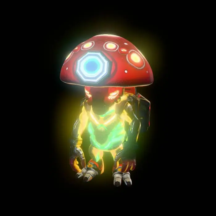 3D model for A futuristic cyberpunk mushroom character with neon glowing veins, holographic visor, robotic backpack, rainy neon city background, purple and cyan lighting, highly detailed hard surface design, cinematic cyberpunk atmosphere, stylized sci-fi collectible