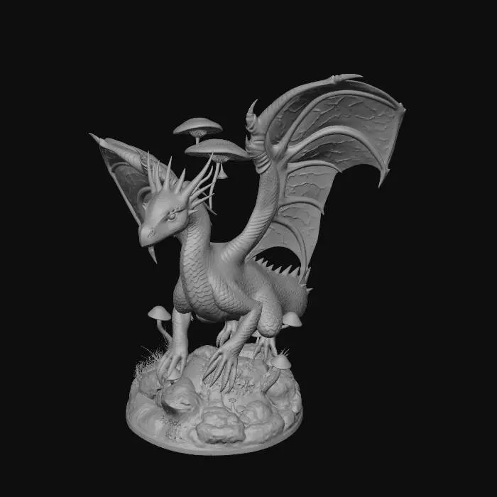 3D model for A gigantic fantasy dragon covered with glowing mushrooms and bioluminescent fungi, giant layered mushroom wings, glowing eyes, mystical cave environment filled with magical spores, ultra detailed fantasy scales mixed with fungus textures, cinematic fantasy atmosphere, dramatic lighting, epic creature design, masterpiece quality