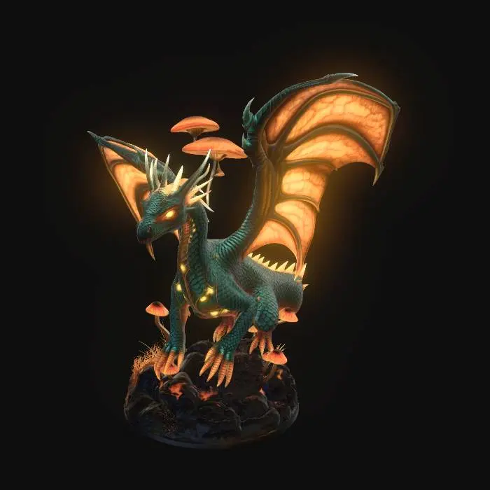 3D model for A gigantic fantasy dragon covered with glowing mushrooms and bioluminescent fungi, giant layered mushroom wings, glowing eyes, mystical cave environment filled with magical spores, ultra detailed fantasy scales mixed with fungus textures, cinematic fantasy atmosphere, dramatic lighting, epic creature design, masterpiece quality