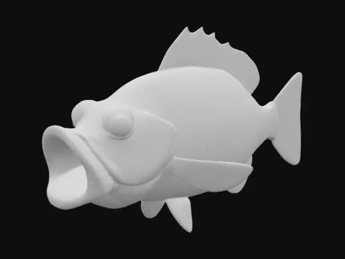 3D model for A cartoonish largemouth bass, featuring an , wide-open mouth. Its body is stout and vibrant, with a glossy, smooth-skinned appearance that suggests a slightly rubbery texture. Predominantly bright green on its back and sides, it fades to a cream or pale yellow belly. Fins are broad and slightly oversized, often in a contrasting orange or red hue, giving it a playful, stylized look.