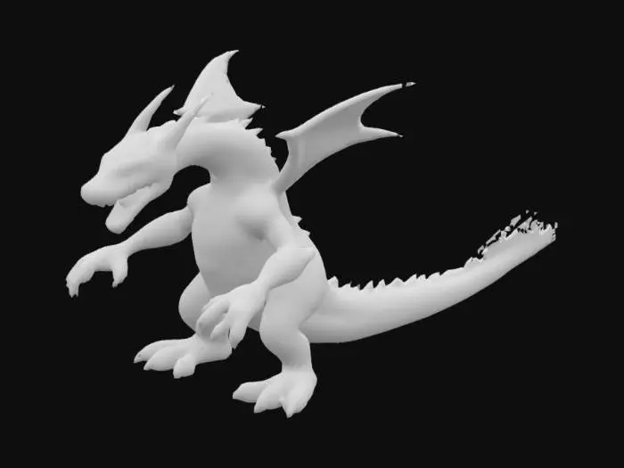 3D model for A humanoid dragon stands seven feet tall, with a muscular build and deep green scales covering its body. Its face is fierce, with sharp golden eyes, an elongated snout, and jagged teeth. The creature has no wings, but its hands and feet are tipped with sharp claws. Its posture is commanding, exuding strength. A thick, muscular tail extends from its back, enhancing its imposing presence. The dragonkin's natural scales offer protection, giving it an air of ancient power and authority. Toon texture, no lighting