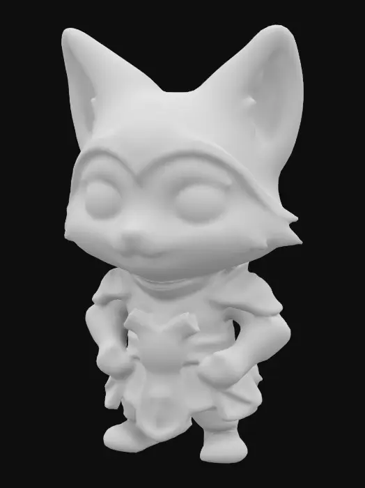 3D model for A chibi-style fox warrior figurine, ultra-cute with a large head and big, loving eyes. The fox wears oversized medieval armor with engraved details, but remains rounded and smooth for 3D printing. The design is AMS-friendly with 4 color-separated regions and minimal overhangs. The figurine has a confident yet friendly pose, making it perfect as a collectible for kids., #game figure#