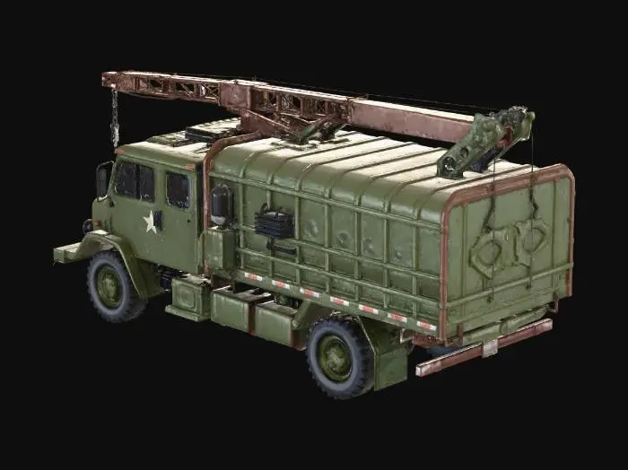3D model for low poly field repair truck, green brown military, crane arm, welding equipment, tool racks, rugged support vehicle, soviet style, NO text, NO letters, NO writing, NO logos, clean surface, game ready