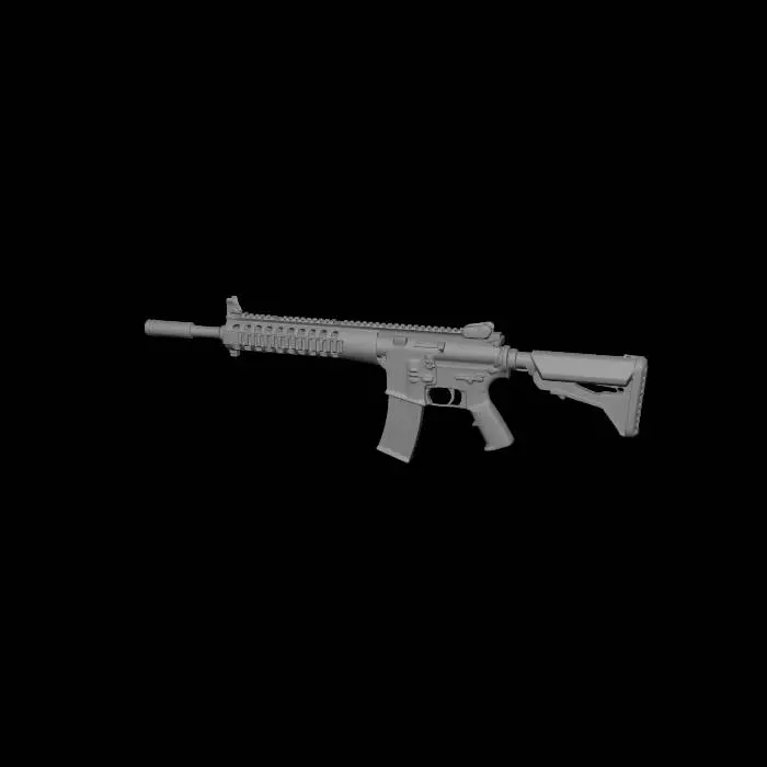 3D model for low poly modern assault rifle, white blue accents, military M4 style, NO hands, weapon only, NO text, NO logos, game ready