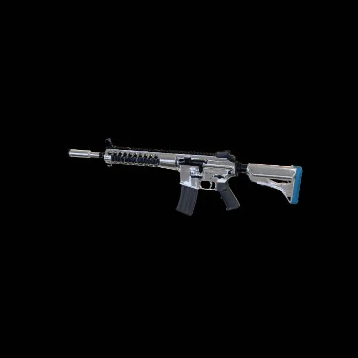3D model for low poly modern assault rifle, white blue accents, military M4 style, NO hands, weapon only, NO text, NO logos, game ready