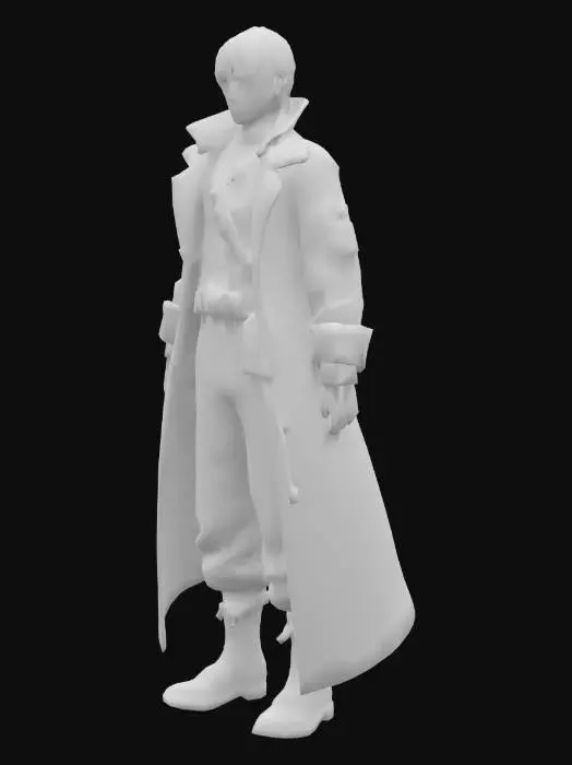 3D model for Generate a detailed 3D model of Kim Dokja from the manhwa Omniscient Reader's Viewpoint. He should appear in his iconic black combat outfit with tactical elements, a long black coat, dark boots, and short black hair. His face should have a sharp, calm, and determined expression, capturing his clever and calculating personality. Add a subtle aura effect around him to suggest his connection to scenarios and constellations. The style should stay faithful to the original manhwa’s semi-realistic anime design, with high attention to clothing folds, accessories, and facial details.