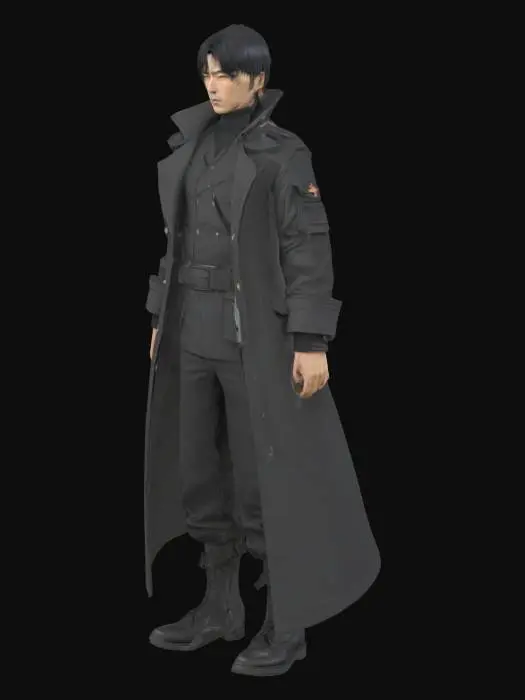 3D model for Generate a detailed 3D model of Kim Dokja from the manhwa Omniscient Reader's Viewpoint. He should appear in his iconic black combat outfit with tactical elements, a long black coat, dark boots, and short black hair. His face should have a sharp, calm, and determined expression, capturing his clever and calculating personality. Add a subtle aura effect around him to suggest his connection to scenarios and constellations. The style should stay faithful to the original manhwa’s semi-realistic anime design, with high attention to clothing folds, accessories, and facial details.
